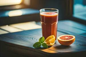 a glass of juice with a slice of orange and mint. AI-Generated photo