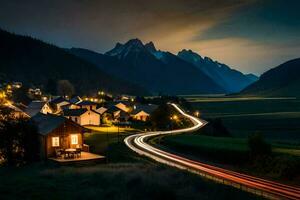 photo wallpaper the sky, mountains, lights, the road, the village, the mountains, the. AI-Generated