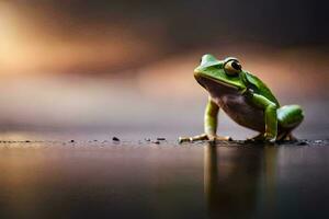 a frog is standing on the ground with a blurry background. AI-Generated photo