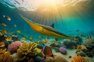 a ray fish swims over a coral reef with colorful fish. AI-Generated photo