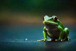 a frog sitting on the ground with a dark background. AI-Generated photo