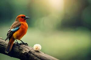 a small orange bird sitting on a branch. AI-Generated photo