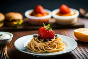 a plate of spaghetti with strawberries and orange slices. AI-Generated photo