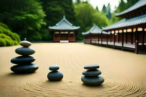 un zen jardín con piedras y un pagoda. generado por ai foto