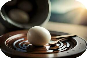 an egg sitting on top of a wooden bowl. AI-Generated photo