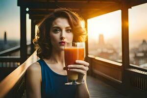 un mujer participación un vaso de naranja jugo. generado por ai foto