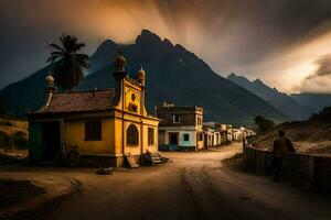 a village in the mountains with a man walking down the road. AI-Generated photo