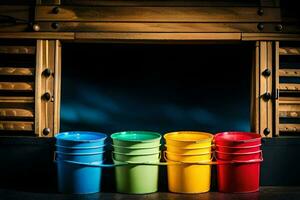 four colorful buckets sit in front of a wooden door. AI-Generated photo