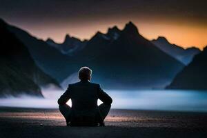 a man in a suit sits in the middle of a mountain range. AI-Generated photo