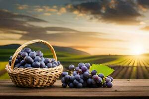 grapes in a basket on a wooden table. AI-Generated photo