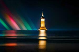 a lighthouse in the middle of the ocean with rainbow lights. AI-Generated photo