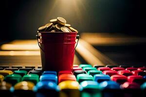 a red bucket with coins sitting on top of a table. AI-Generated photo