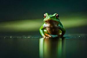 a frog sitting on the ground with a dark background. AI-Generated photo