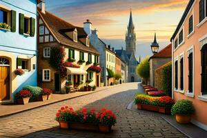 a street with colorful buildings and flowers. AI-Generated photo