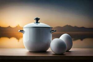 a white pot and two eggs on a table. AI-Generated photo