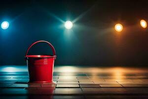 a red bucket on a dark floor with lights. AI-Generated photo