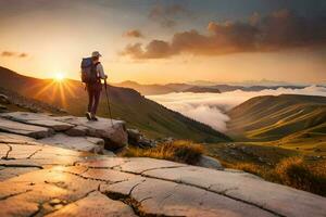 a hiker stands on a rock overlooking the sun. AI-Generated photo