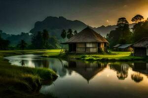 the sun sets over a village in thailand. AI-Generated photo