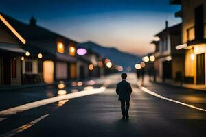 a boy walks down the street at dusk. AI-Generated photo