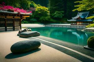 a japanese garden with a pond and rocks. AI-Generated photo