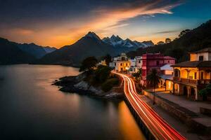 a long exposure photograph of a road and buildings in the mountains. AI-Generated photo