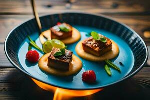 a plate with three pieces of food on it. AI-Generated photo