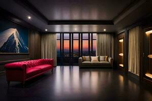 un vivo habitación con un rojo sofá y un cuadro. generado por ai foto