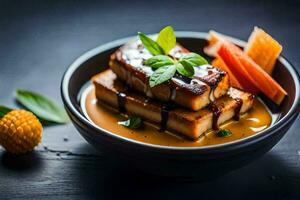 a bowl of tofu with sauce and vegetables. AI-Generated photo