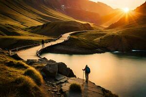 a man walking on a wooden bridge over a lake. AI-Generated photo