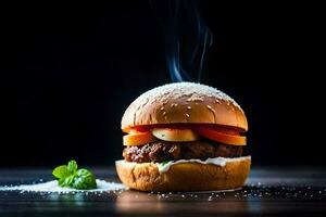 a hamburger with cheese and meat on a black background. AI-Generated photo