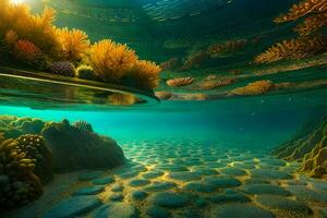 a beautiful underwater scene with corals and rocks. AI-Generated photo