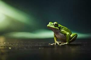 a frog is sitting on the ground in front of a green light. AI-Generated photo