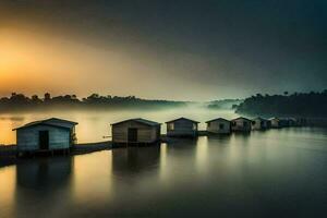 a sunrise over a lake with several small houses. AI-Generated photo