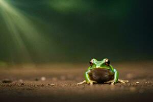 a frog sitting on the ground in front of a bright light. AI-Generated photo