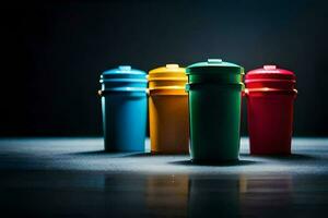 a row of colorful plastic cups on a dark surface. AI-Generated photo