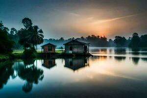 a small house sits on the edge of a lake at sunset. AI-Generated photo