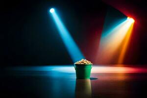 a cup of popcorn on a stage with colorful lights. AI-Generated photo