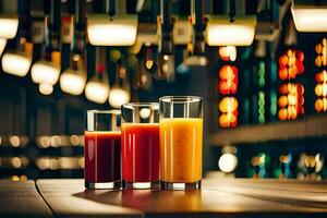 three glasses of orange juice on a bar counter. AI-Generated photo