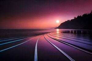 un largo línea de carros en el playa a puesta de sol. generado por ai foto