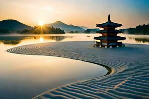 un pagoda se sienta en el arena a amanecer. generado por ai foto