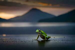 a frog sits on the shore of a lake at sunset. AI-Generated photo