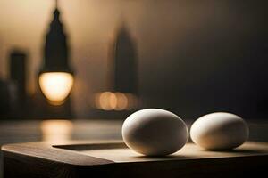two eggs on a cutting board with a city in the background. AI-Generated photo