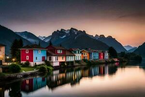 vistoso casas en el apuntalar de un lago a puesta de sol. generado por ai foto