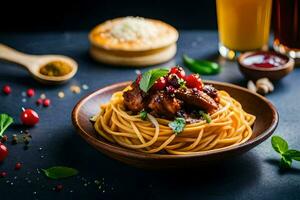 spaghetti with meat and sauce on a wooden plate. AI-Generated photo