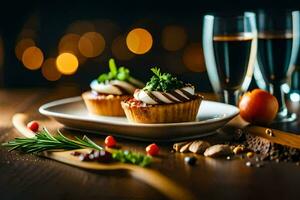 dos magdalenas en un plato con vino lentes. generado por ai foto