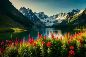 hermosa flores y montañas en el antecedentes. generado por ai foto