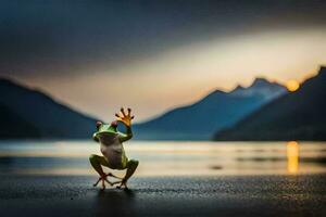 un rana en pie en el playa con sus brazos arriba en el aire. generado por ai foto