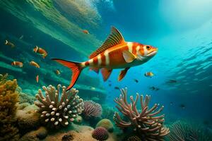 a fish swimming in the ocean with coral reefs. AI-Generated photo