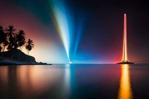 a colorful light beam is shining over the water. AI-Generated photo