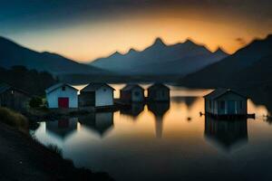 a lake with houses and mountains in the background. AI-Generated photo